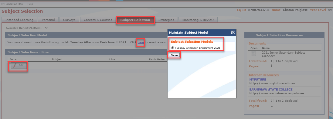 Maintain Line Subject Selection Page, Subject Selection tab